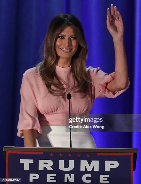 Melania Trump, wife of Republican presidential nominee Donald Trump, waves to supporters during a campaign event November 3, 2016 in Berwyn,...