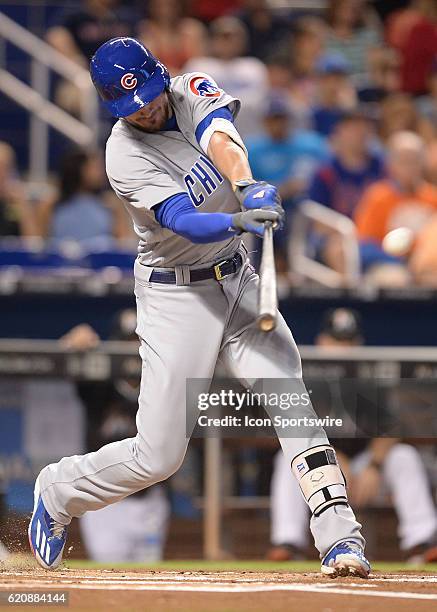 Chicago Cubs third baseman Kris Bryant long ball to center field during a game between the Miami Marlins and the Chicago Cubs at Marlins Park in...