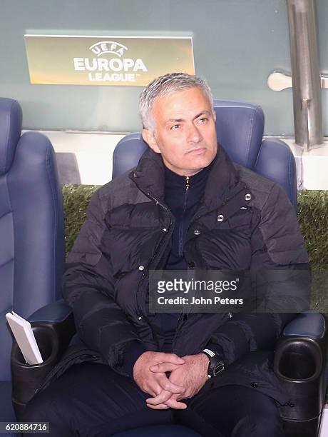 Manager Jose Mourinho of Manchester United sits on the bench ahead of the UEFA Europa League match between Manchester United and Fenerbahce at sukru...