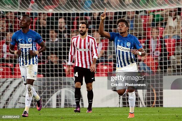 Bilbao, Spain Leon Bailey forward of KRC Genk celebrates scoring a goal pictured during the UEFA Europa League group F stage match between Athletic...
