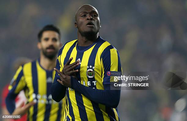 Fenerbahce's Moussa Sow celebrates after scoring a goal during the UEFA Europa League football Fenerbahce SK vs Manchester United at the Fenerbahce...