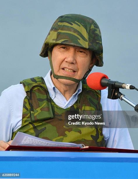 Taiwan - Taiwan President Ma Ying-jeou speaks during the island's first live-fire drill since 2008 on the outlying Penghu Islands in the Taiwan...