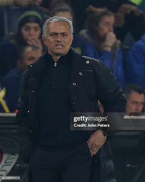 Manager Jose Mourinho of Manchester United reacts to conceding a goal to Jermaine Lens of Fenerbahce during the UEFA Europa League match between...