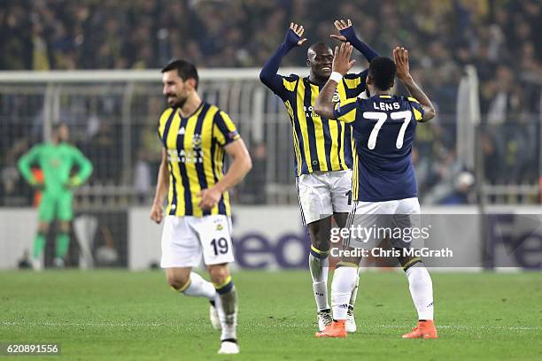 Jeremain Lens of Fenerbahce celebrates scoring his sides second goal with team mate Moussa Sow of Fenerbahce during the UEFA Europa League Group A...