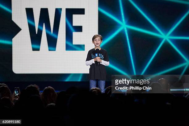 Actor Jacob Tremblay speaks at We Day Vancouver at Rogers Arena on November 3, 2016 in Vancouver, Canada.