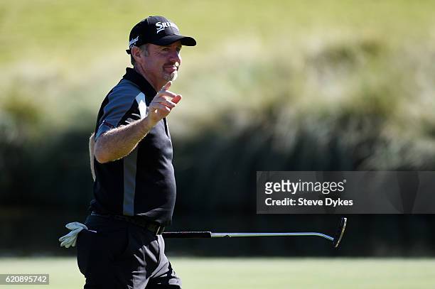 Rod Pampling of Australia reacts on the 18th green during the first round of the Shriners Hospitals For Children Open on November 3, 2016 in Las...