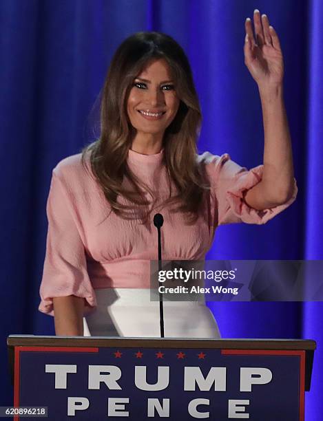 Melania Trump, wife of Republican presidential nominee Donald Trump, waves to supporters during a campaign event November 3, 2016 in Berwyn,...