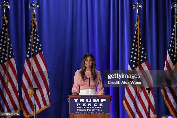 Melania Trump, wife of Republican presidential nominee Donald Trump, speaks to supporters during a campaign event November 3, 2016 in Berwyn,...