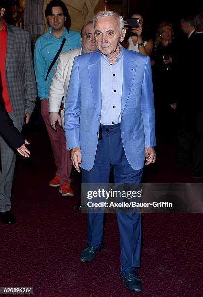 Singer Charles Aznavour awarded Honorary Walk of Fame Plaque by Senator Kevin de Leon at the Pantages Theatre on October 27, 2016 in Hollywood,...