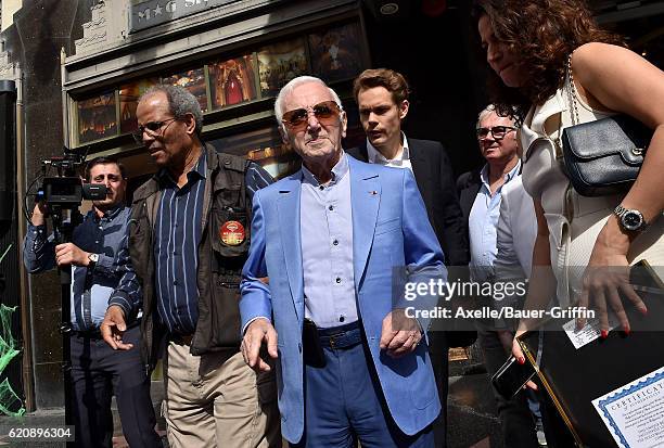 Singer Charles Aznavour awarded Honorary Walk of Fame Plaque by Senator Kevin de Leon at the Pantages Theatre on October 27, 2016 in Hollywood,...