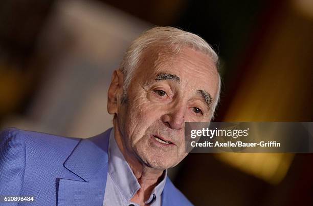 Singer Charles Aznavour awarded Honorary Walk of Fame Plaque by Senator Kevin de Leon at the Pantages Theatre on October 27, 2016 in Hollywood,...