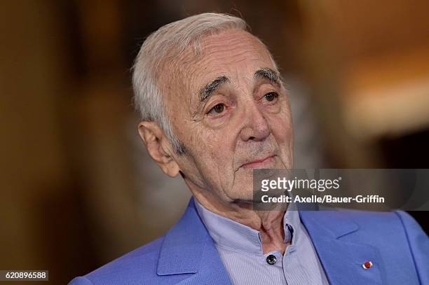 Singer Charles Aznavour awarded Honorary Walk of Fame Plaque by Senator Kevin de Leon at the Pantages Theatre on October 27, 2016 in Hollywood,...