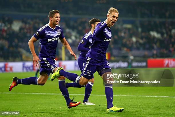 Lukasz Teodorczyk of RSC Anderlecht celebrates after scoring his team's fourth goal during the UEFA Europa League Group C match between RSC...