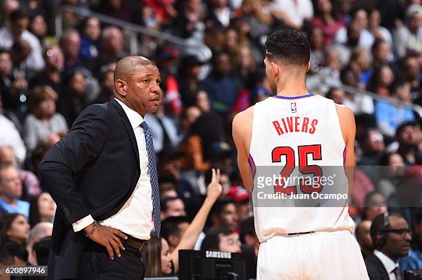 Doc Rivers and Austin Rivers of the LA Clippers talk during the game against the Phoenix Suns on October 31, 2016 at the STAPLES Center in Los...
