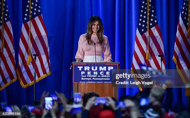 Melania Trump, wife of Republican presidential nominee Donald Trump, speaks at a rally for Donald Trump at the Main Line Sports Center on November 3,...