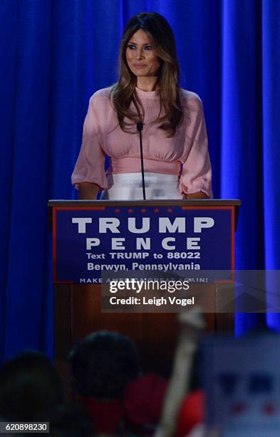 Melania Trump, wife of Republican presidential nominee Donald Trump, campaigns at a rally for Donald Trump at the Main Line Sports Center on November...