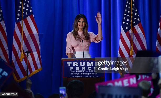 Melania Trump, wife of Republican presidential nominee Donald Trump, campaigns at a rally for Donald Trump at the Main Line Sports Center on November...