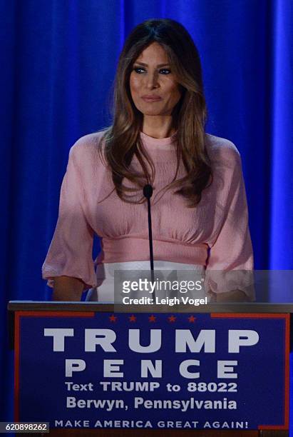 Melania Trump, wife of Republican presidential nominee Donald Trump, campaigns at a rally for Donald Trump at the Main Line Sports Center on November...