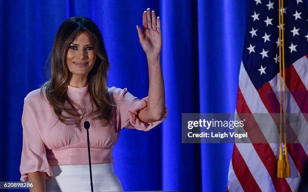 Melania Trump, wife of Republican presidential nominee Donald Trump, campaigns at a rally for Donald Trump at the Main Line Sports Center on November...