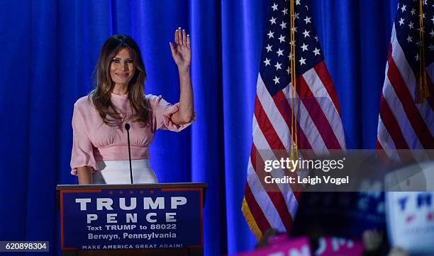 Melania Trump, wife of Republican presidential nominee Donald Trump, campaigns at a rally for Donald Trump at the Main Line Sports Center on November...