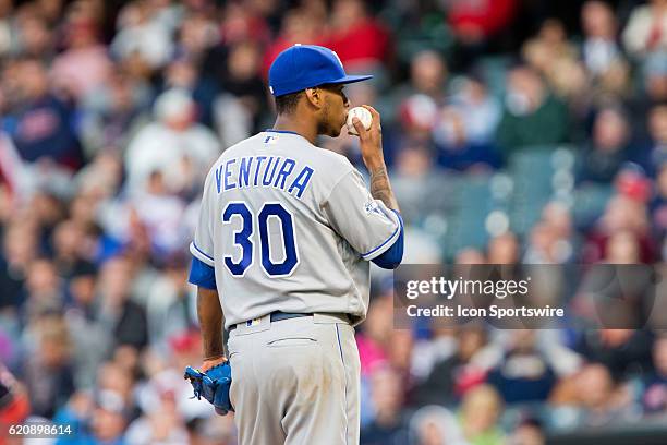 Kansas City Royals Starting pitcher Yordano Ventura [8772] kisses the baseball after catching a line drive hit at his head for an out during the...
