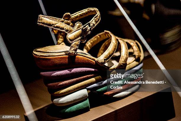 Shoes are displayed in the museum located in the headquarters of the Ferragamo luxury brand at the Palazzo Spini Feroni on July 18, 2016 in Florence,...