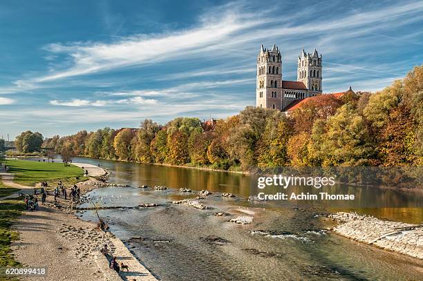 st. maximilian church and river isar, munich, bavaria, germany, europe - munich autumn stock pictures, royalty-free photos & images