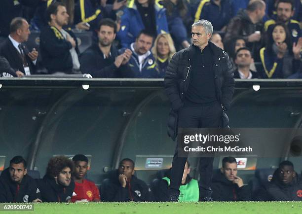 Jose Mourinho, Manager of Manchester United looks on during the UEFA Europa League Group A match between Fenerbahce SK and Manchester United FC at...