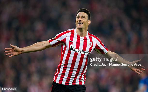 Aritz Aduriz of Athletic Club celebrates after scoring his team's fourth goal during the UEFA Europa League match between Athletic Club and KRC Genk...