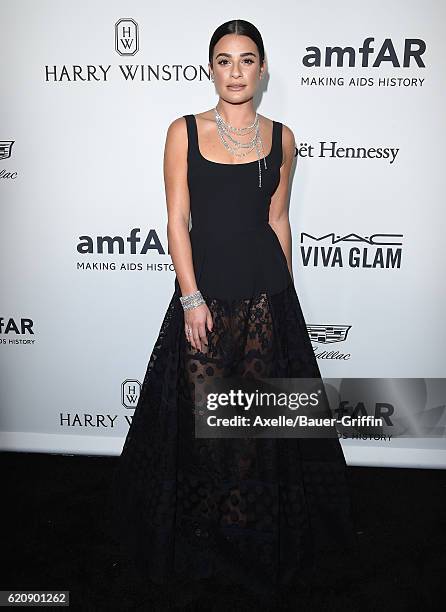 Actress Lea Michele arrives at amfAR's Inspiration Gala Los Angeles at Milk Studios on October 27, 2016 in Hollywood, California.