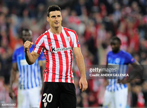 Athletic Bilbao's forward Aritz Aduriz celebrates after scoring his team's fifth goal during the Europa League Group F football match Athletic Club...