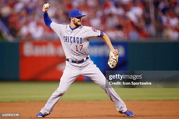 Chicago Cubs third baseman Kris Bryant makes a play during a baseball game against the St. Louis Cardinals at Busch Stadium in St. Louis Missouri....