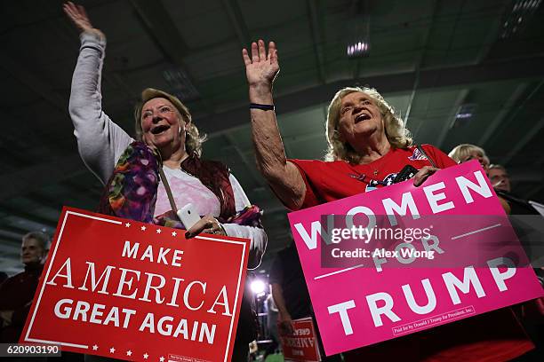 Supporters cheer during a Trump campaign event November 3, 2016 in Berwyn, Pennsylvania. Melania Trump, wife of Republican presidential nominee...