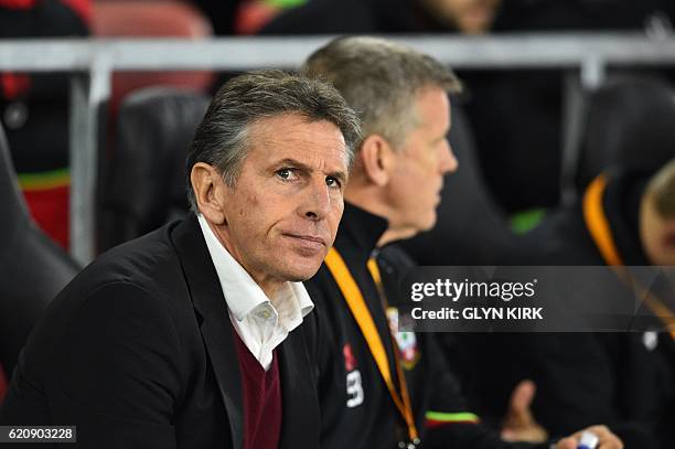 Southampton's French manager Claude Puel looks on during the UEFA Europa League group K football match between Southampton and Inter Milan at St...