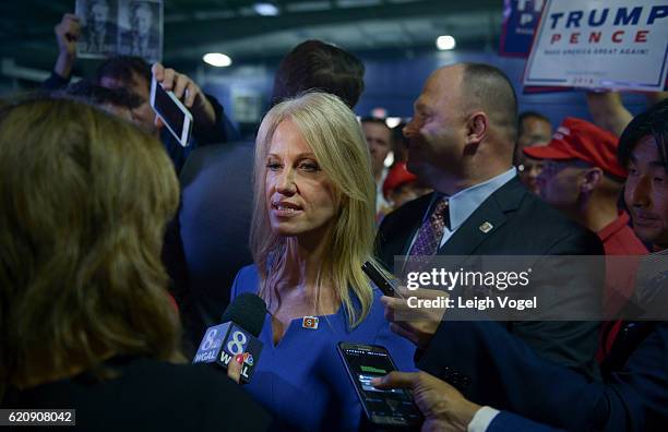 Donald Trump campaign manager Kellyanne Conway speaks to media during at a rally for Donald Trump at the Main Line Sports Center on November 3, 2016...