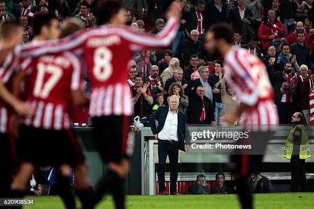 Bilbao, Spain Peter Maes head coach of KRC Genk looks dejected pictured during the UEFA Europa League group F stage match between Athletic Club de...