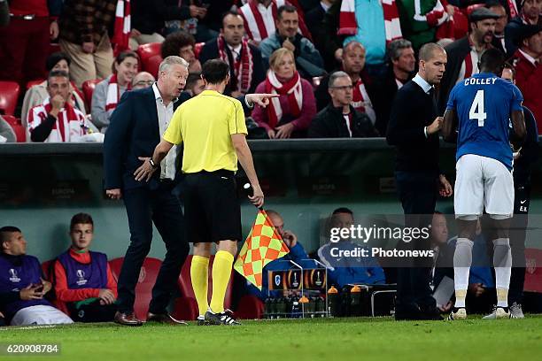 Bilbao, Spain Peter Maes head coach of KRC Genk in discussion with the assistant referee pictured during the UEFA Europa League group F stage match...