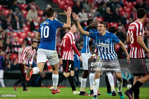 Bilbao, Spain Tino-Sven Susic midfielder of KRC Genk celebrates scoring a goal pictured during the UEFA Europa League group F stage match between...