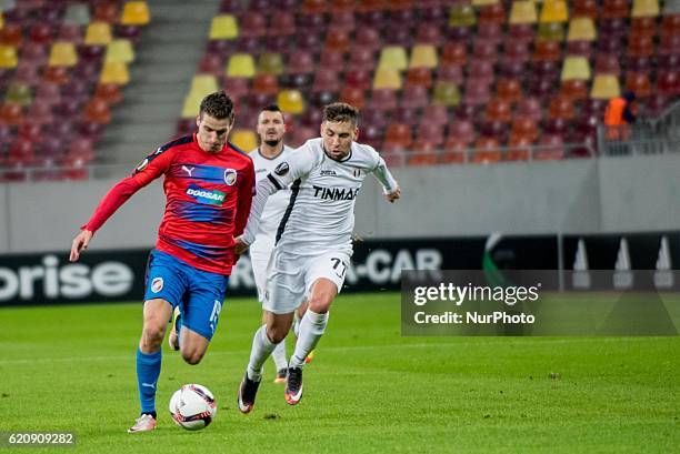 Jan Kovarik of FC Viktoria Plzen and Alexandru Stan of FC Astra Giurgiu during the UEFA Europa League 2016-2017, Group E game between FC Astra...