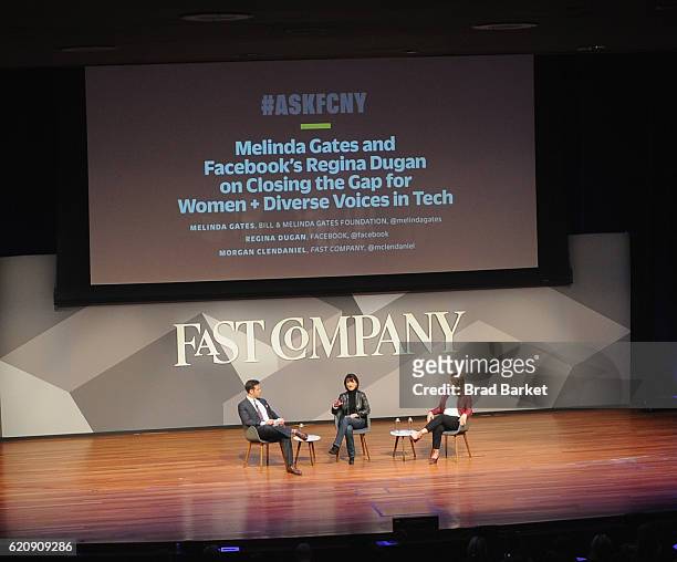 Senior Editor, Digital at Fast Company Morgan Clendaniel, Head of Building 8 at Facebook Regina Dugan and Philanthropist Melinda Gates speak onstage...