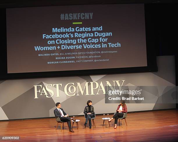 Senior Editor, Digital at Fast Company Morgan Clendaniel, Head of Building 8 at Facebook Regina Dugan and Philanthropist Melinda Gates speak onstage...