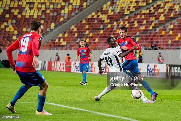 Boubacar Mansaly of FC Astra Giurgiu and Ales Mateju of FC Viktoria Plzen during the UEFA Europa League 2016-2017, Group E game between FC Astra...