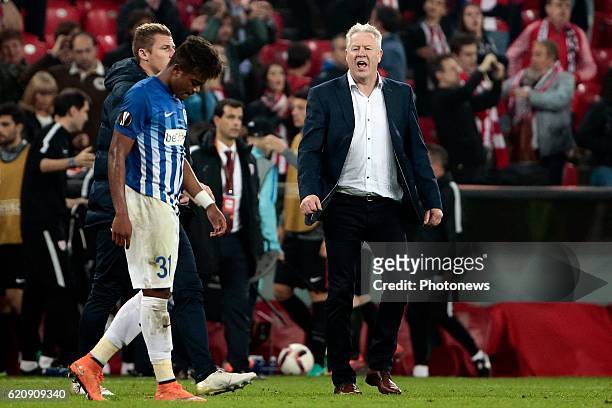 Bilbao, Spain Leon Bailey forward of KRC Genk and Peter Maes head coach of KRC Genk looks dejected after the UEFA Europa League group F stage match...