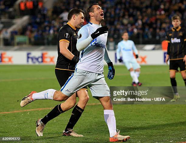 Aleksandr Kerzhakov of St Petersburg reacts after missing a chance during the UEFA Europa League Group D match between Zenit St Petersburg and...