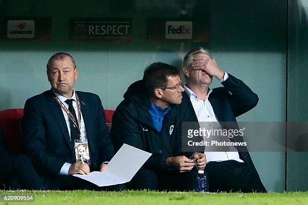 Bilbao, Spain Pierre Denier assistant coach of KRC Genk, Rudi Cossey assistant coach of KRC Genk and Peter Maes head coach of KRC Genk look dejected...