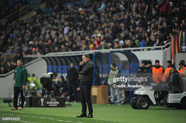 Head coach of FC Zorya Luhansk Yuriy Vernydub is seen during the UEFA Europa League group A match between FC Zorya Luhansk and Feyenoord at...