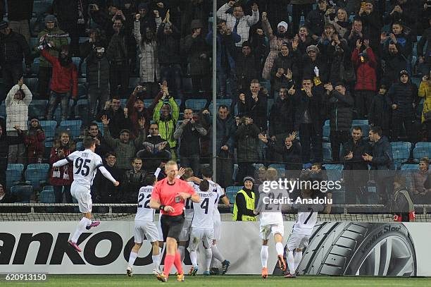 Players of FC Zroya Luhansk celebrate after scoring a goal during the UEFA Europa League group A match between FC Zorya Luhansk and Feyenoord at...