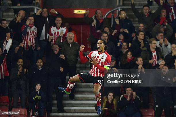 Southampton's Dutch defender Virgil van Dijk celebrates after scoring during the UEFA Europa League group K football match between Southampton and...