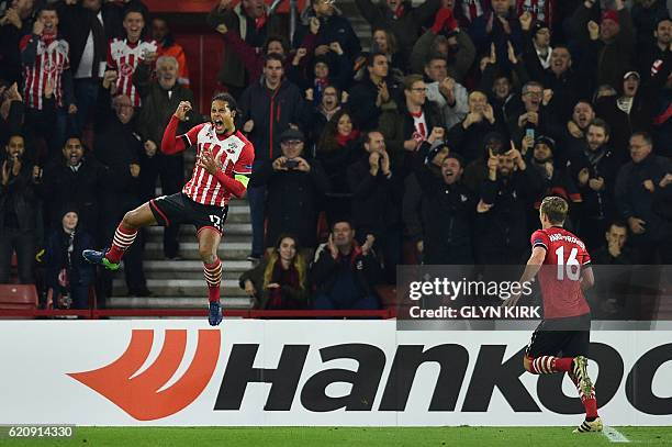 Southampton's Dutch defender Virgil van Dijk celebrates after scoring during the UEFA Europa League group K football match between Southampton and...