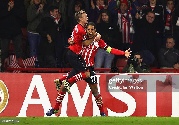 Virgil van Dijk of Southampton celebrates after scoring his team's first goal during the UEFA Europa League Group K match between Southampton FC and...